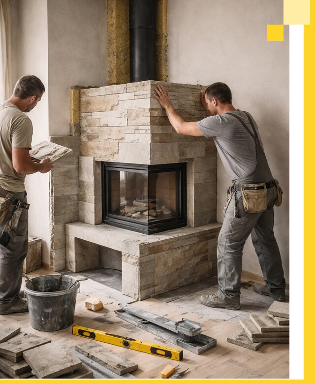 Угловые камины под ключ проект, монтаж и отделка в Усинске