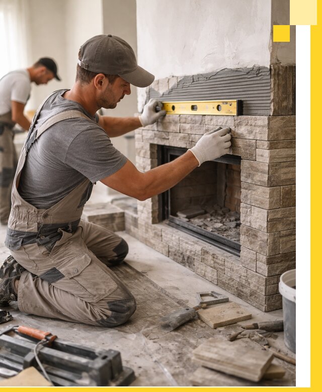 Облицовка каминов в Усинске, монтаж и отделка натуральным камнем