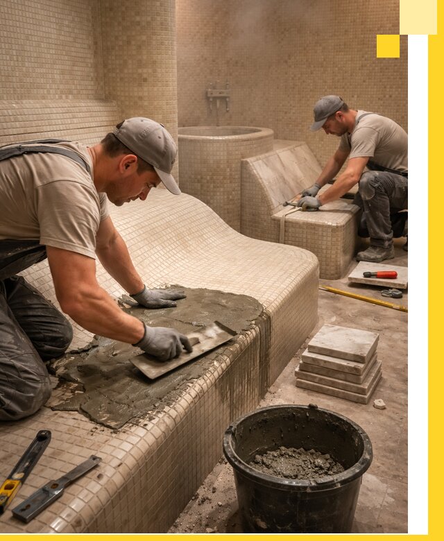 Лежаки для хамама под ключ в Усинске, проект и монтаж